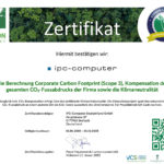 Das Zertifikat der carbon connect AG bescheinigt IPC-Computer Deutschland GmbH die Kompensation des gesamten CO2-Fussabdruckes sowie Klimaneutralität für das Jahr 2022.