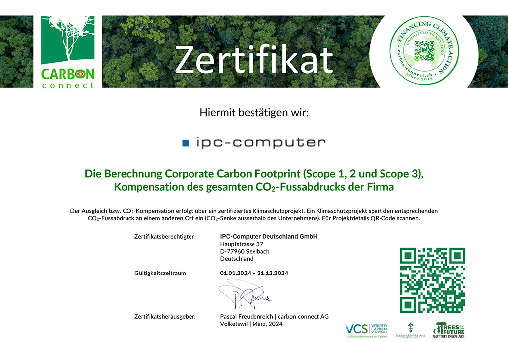 Zertifikat: IPC-Computer Deutschland GmbH bleibt auch 2024 ein klimateutrales Unternehmen.