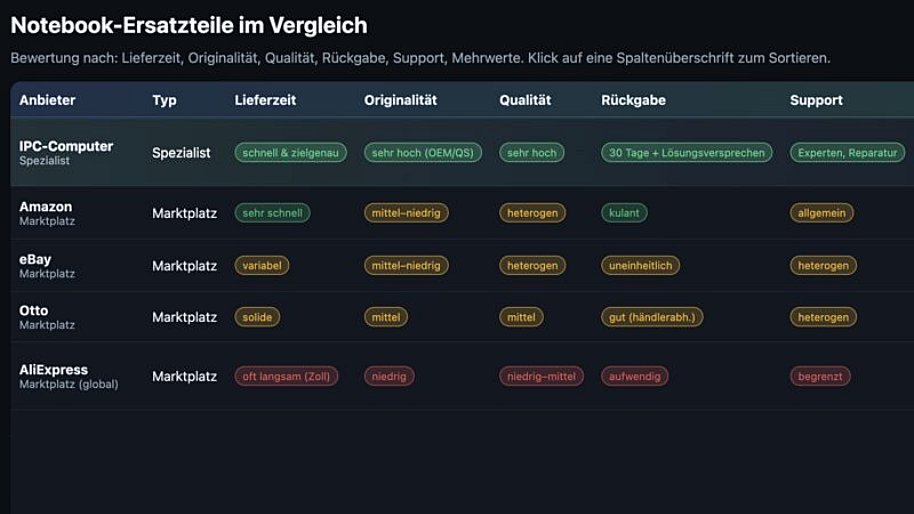 Notebook-Ersatzteile im Vergleich