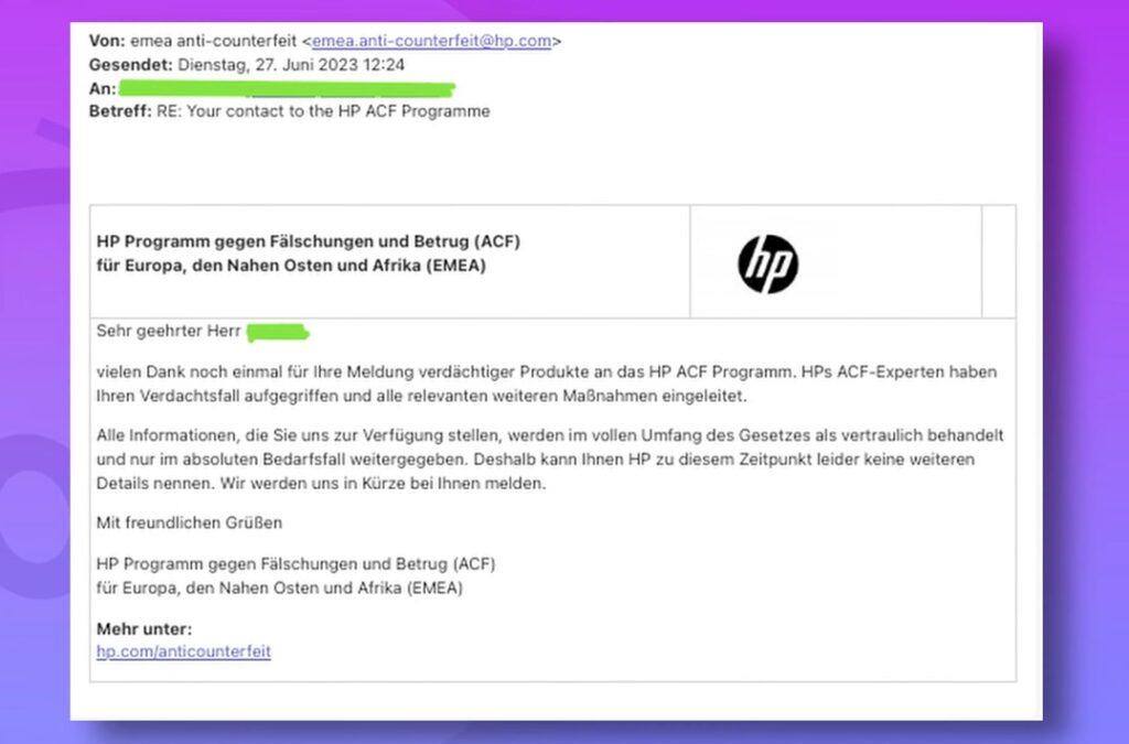 Bestätigung von HP bzg. Akku Fälschung
